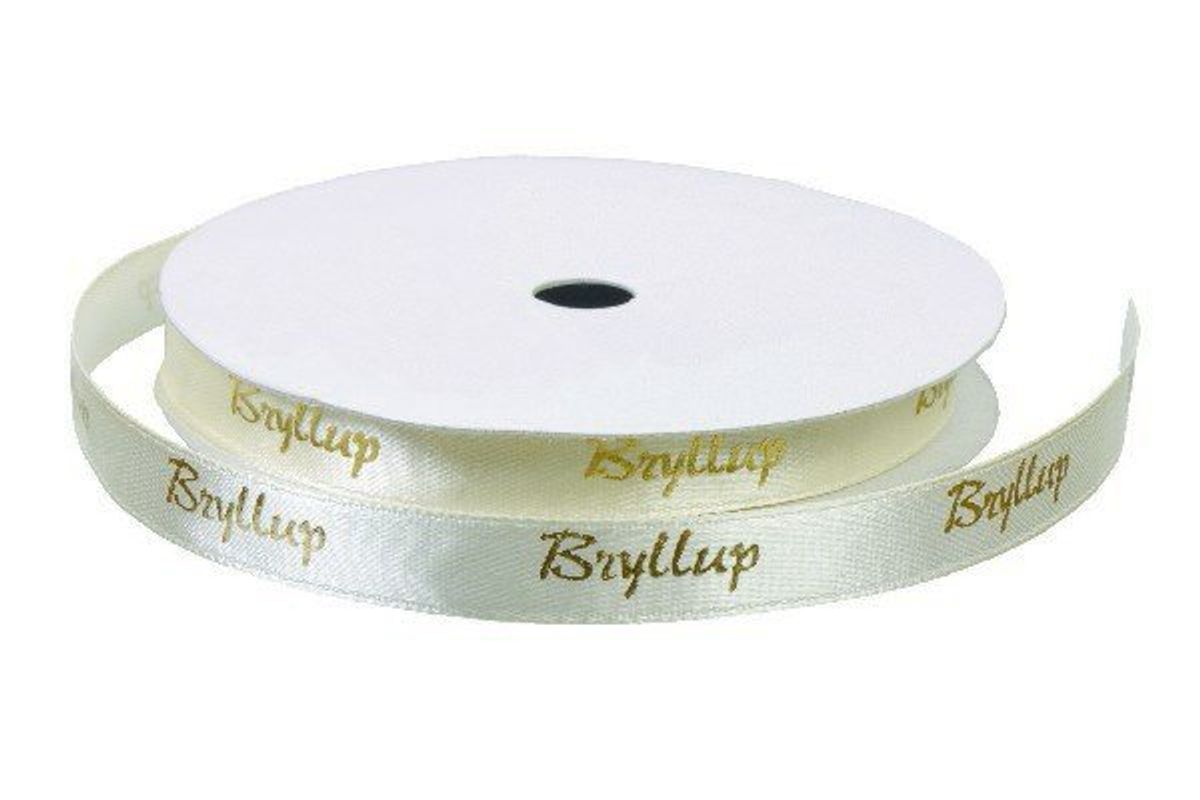 Satinbånd 'Bryllup' creme m/guld 9mm, 9m