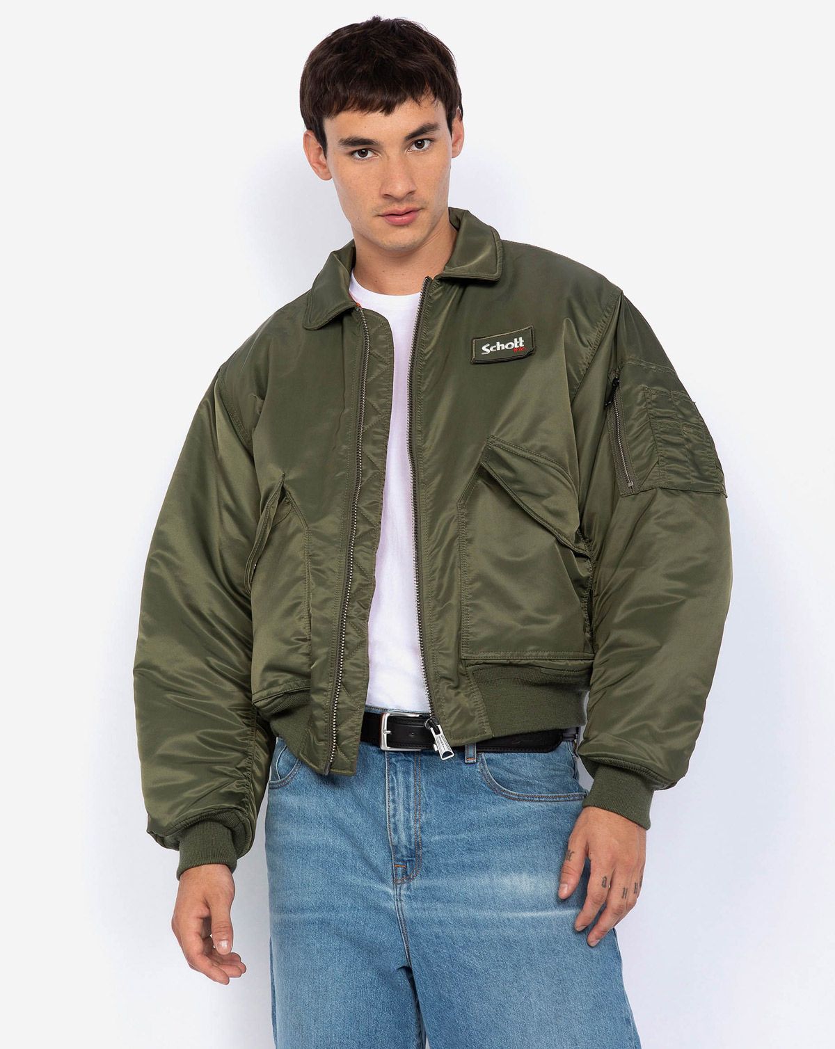 Schott Recycled Nylon CWU 90's Fit Bomberjakke Army Khaki