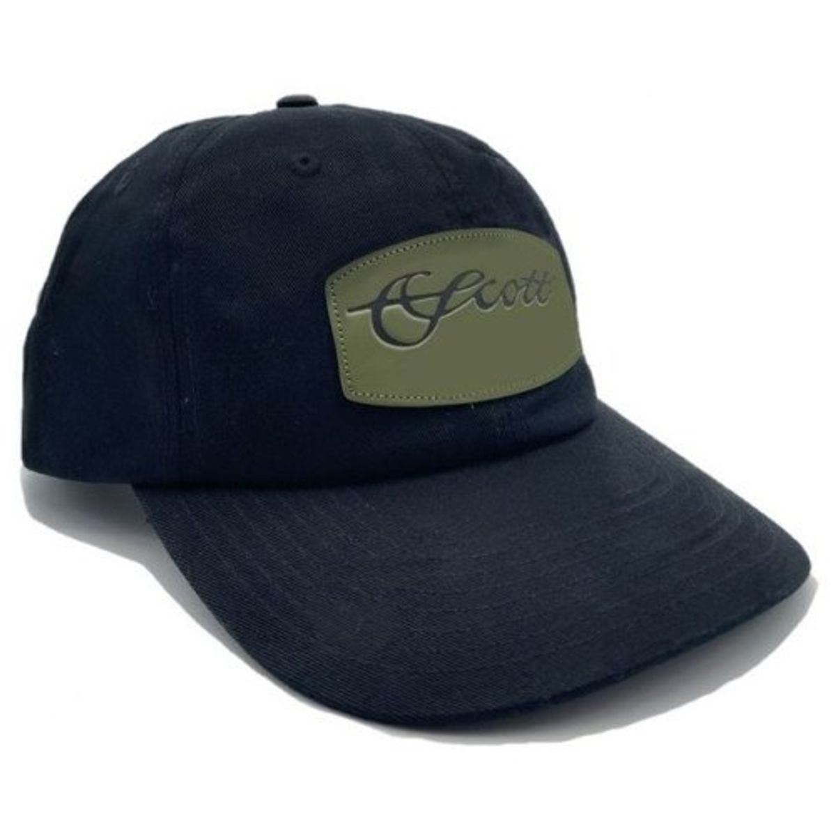 Scott 5 Panel Black Hat with Green Scott Patch on Front