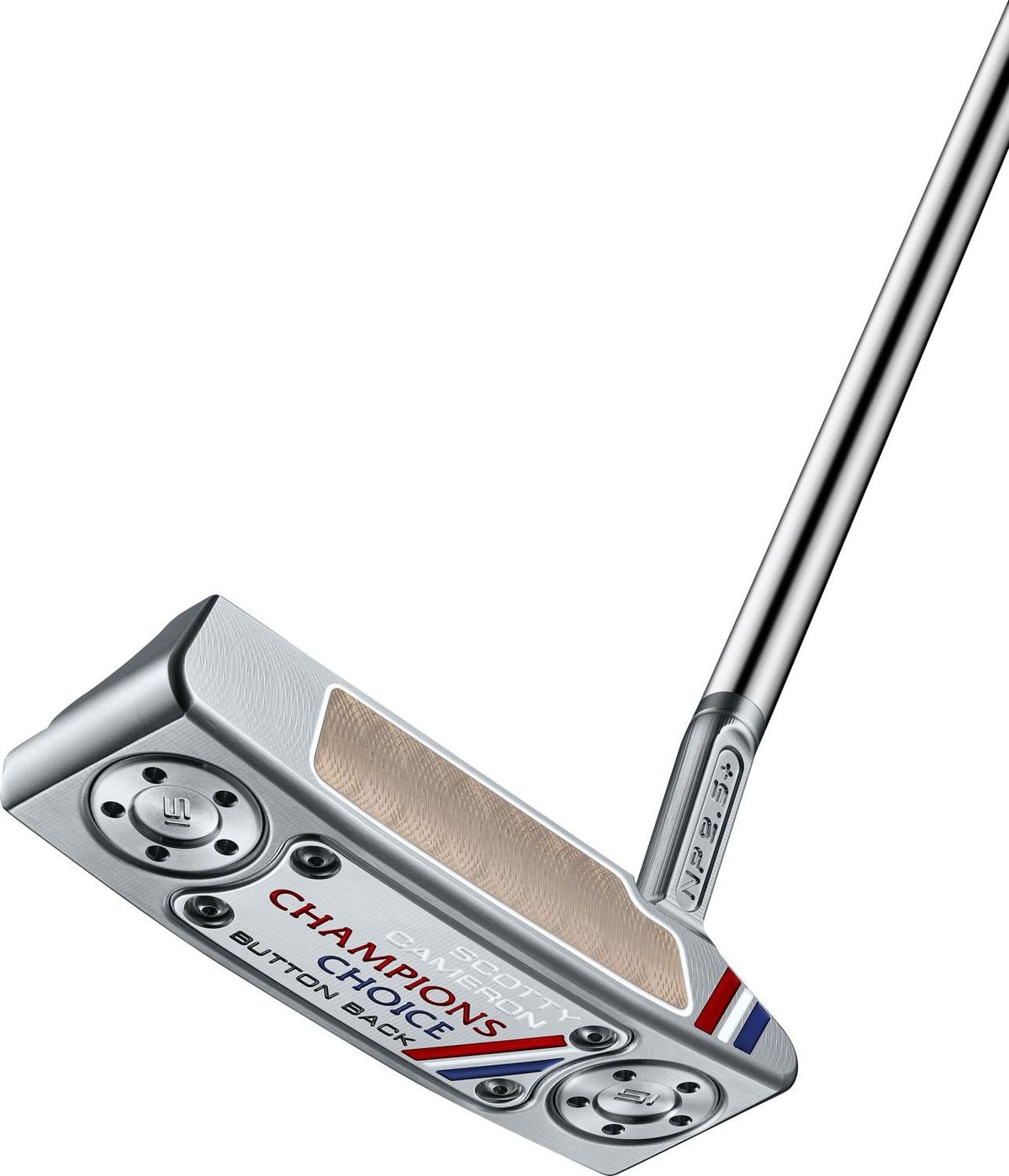 Scotty Cameron Champions Choice Newport 2.5 Plus Button Back (2023) Slant Neck Putter - Chrome - Venstre - Str. 35" - Scotty Cameron Pistolini Plus Standard Sort/Hvid/Blå