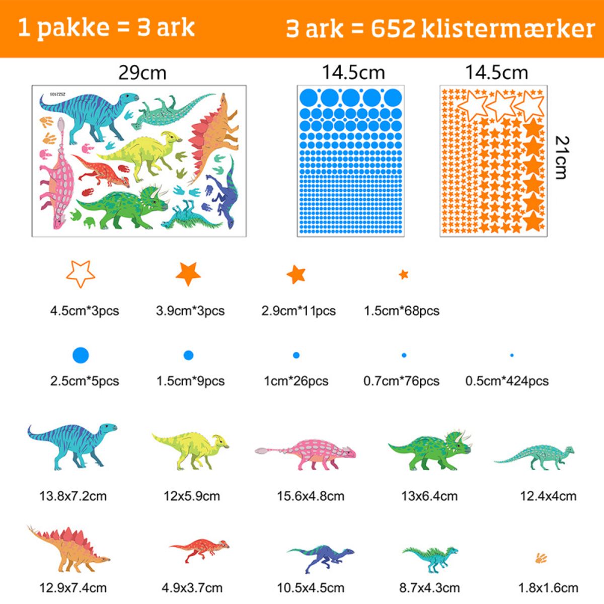 Sej selvlysende wallsticker med dinosaurer, prikker og masser af stjerner. Hele 652 stk.