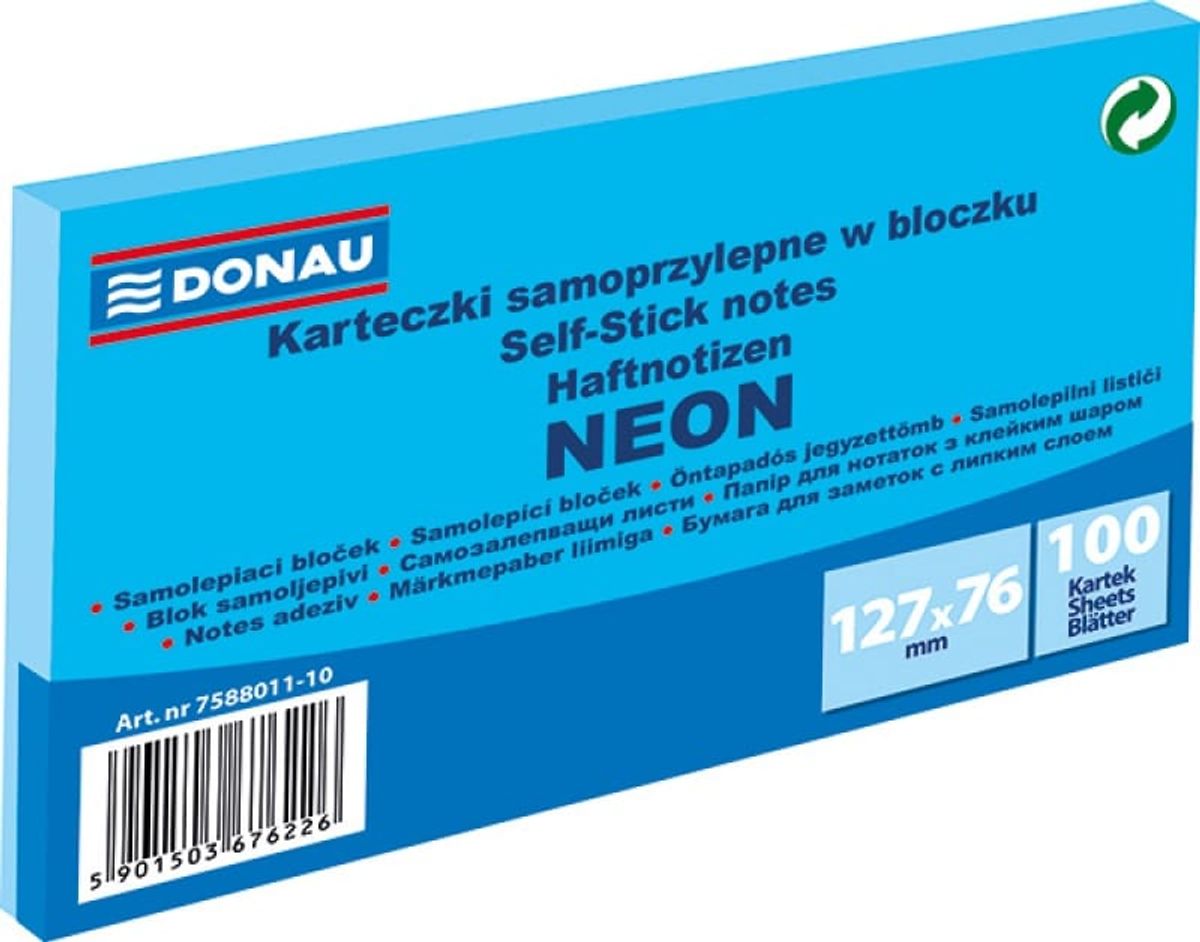 Selvklæbende blok, DONAU, 127x76mm, 1x100 ark, neon, blå.