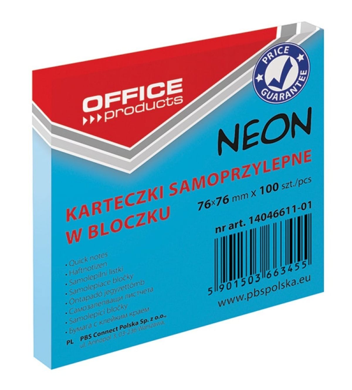 Selvklæbende blok, OFFICE PRODUCTS, 76x76mm, 1x100 ark, neon, blå 12 stk.