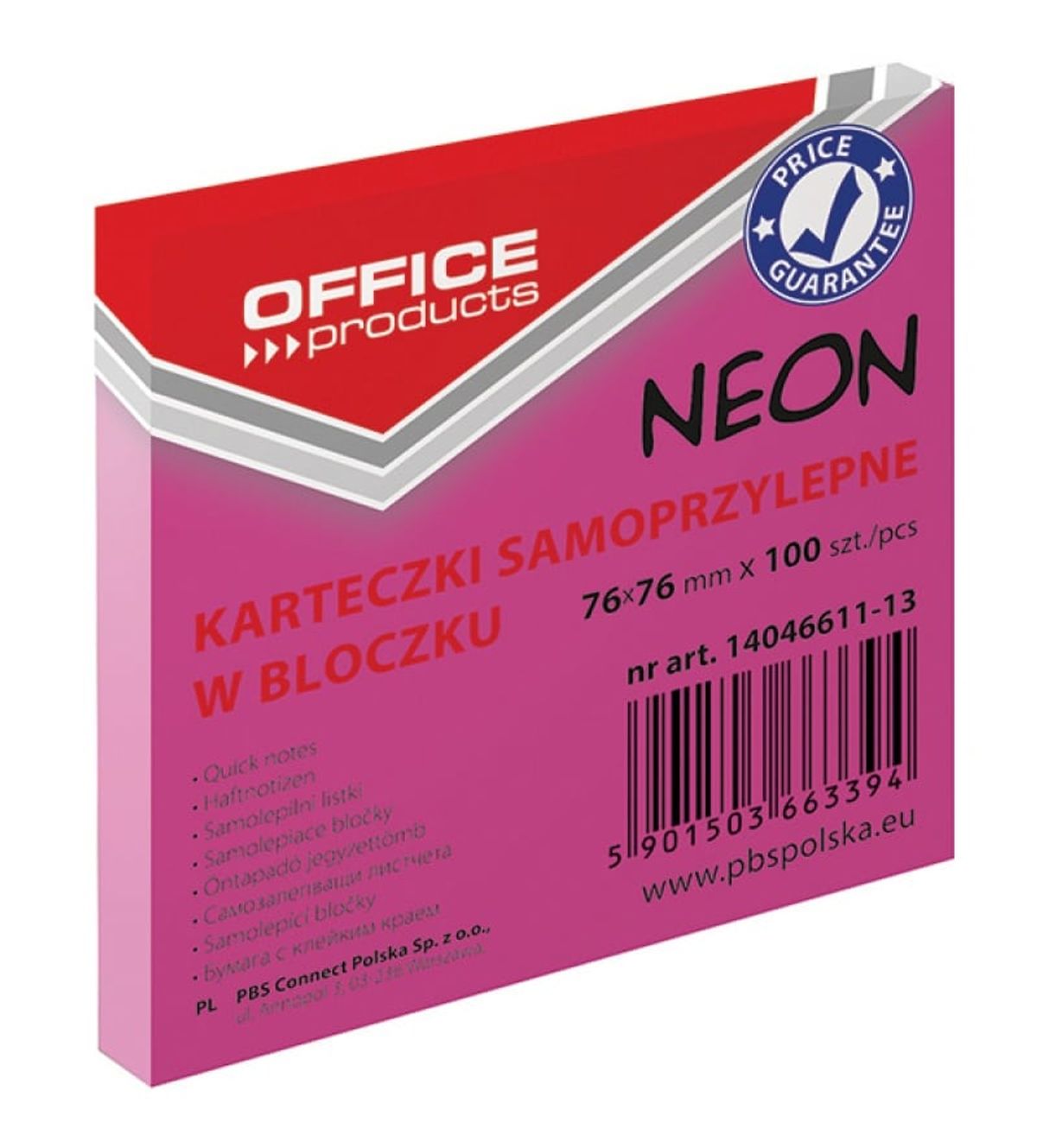 Selvklæbende blok, OFFICE PRODUCTS, 76x76mm, 1x100 ark, neon, pink 12 stk.