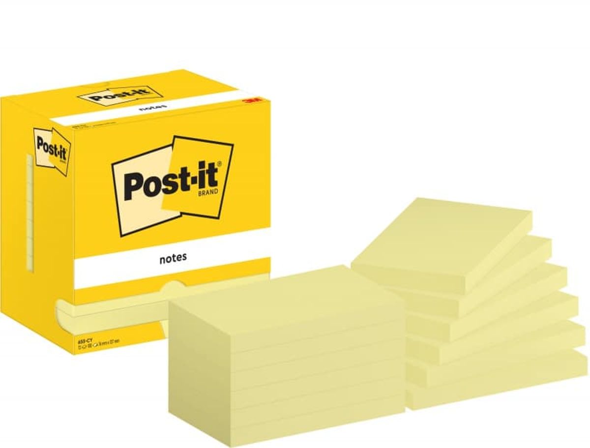 Selvklæbende blok POST-IT, 76x127mm, 12x100 kort, gul,.