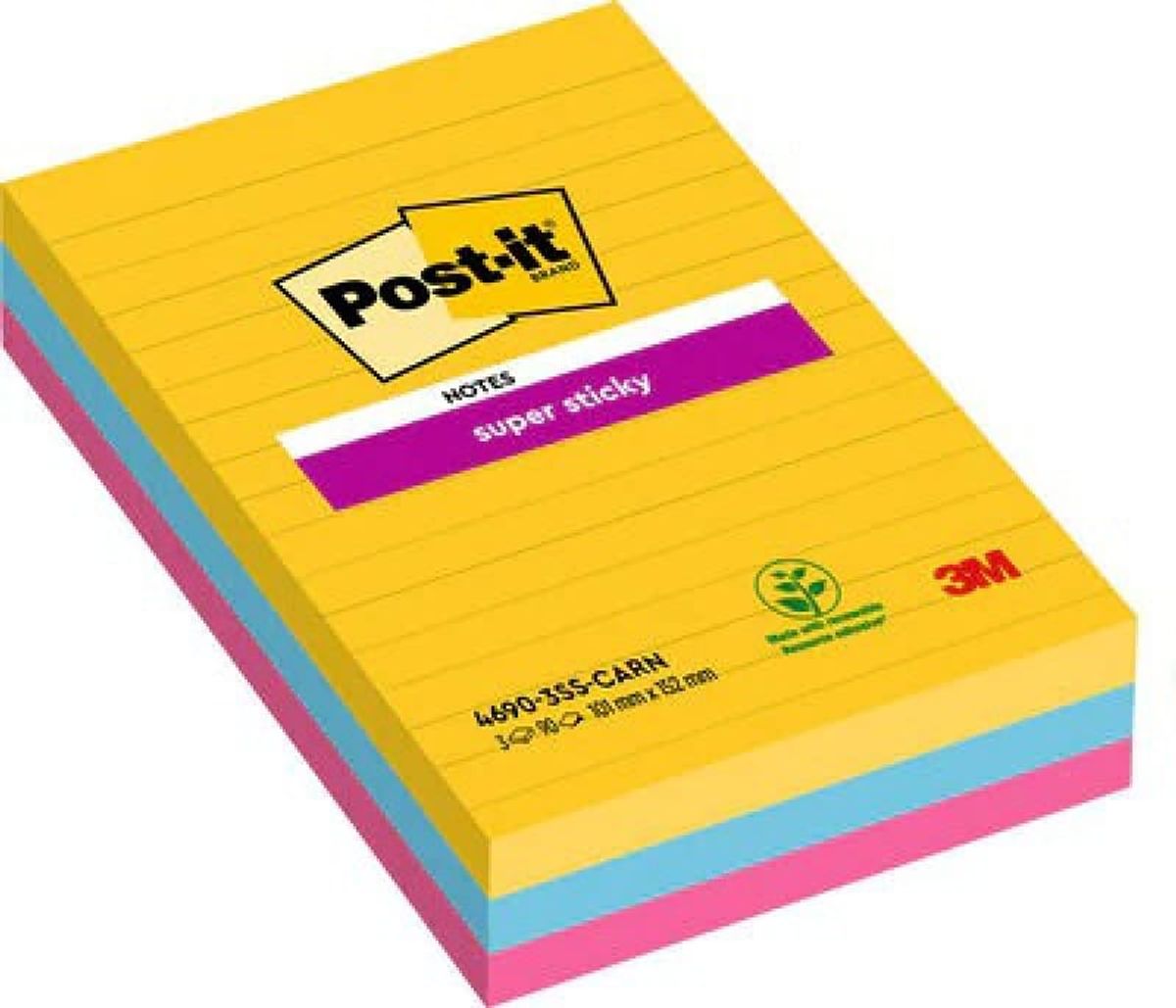 Selvklæbende blok, POST-IT® Super Sticky, linjeret, (4690-SS3RIO-EU), 101x152mm, 3x90 ark, Karnevalspalette,.