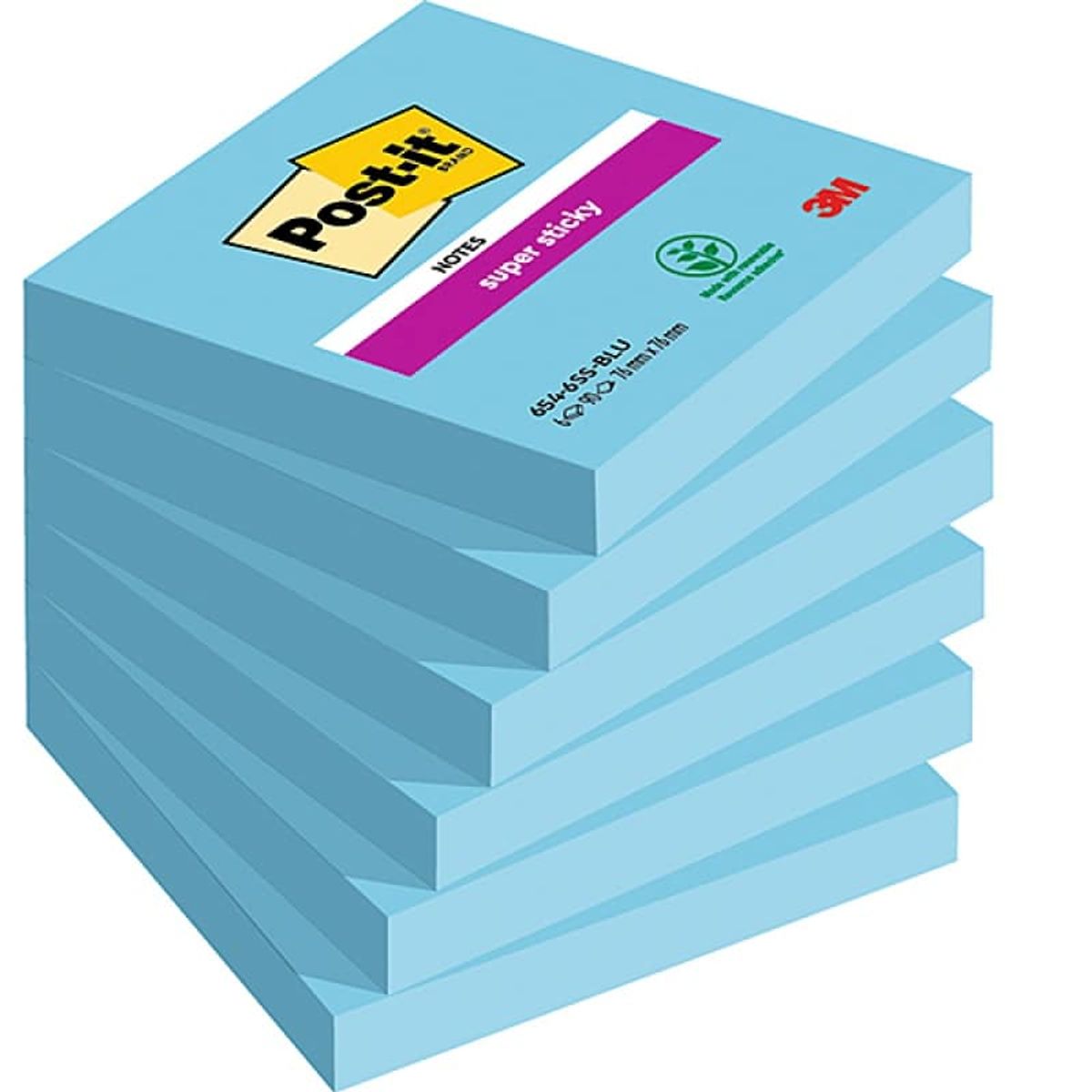 Selvklæbende blok, sticky notes, POST-IT® Super Sticky (654-6SS-EB), 76x76mm, 6x90 ark, elektrisk blå, 1 pakke