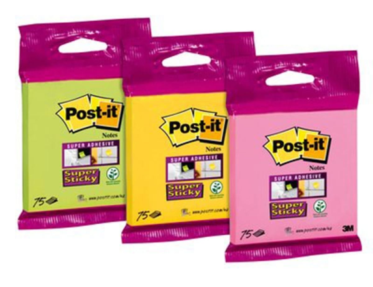 Selvklæbende blokke Post-it® Super Sticky (6820-SS), 76x76mm, 75 ark, multipakke, blandet farver,.