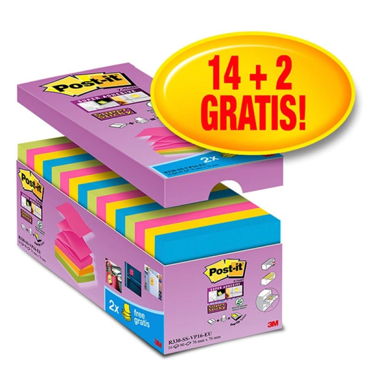 Selvklæbende blokke, Post-it® Super Sticky Z-Notes (R330-SS-VP16), 76x76mm, 14x90 ark, assorterede farver, 2 blokke for FR 1 PA