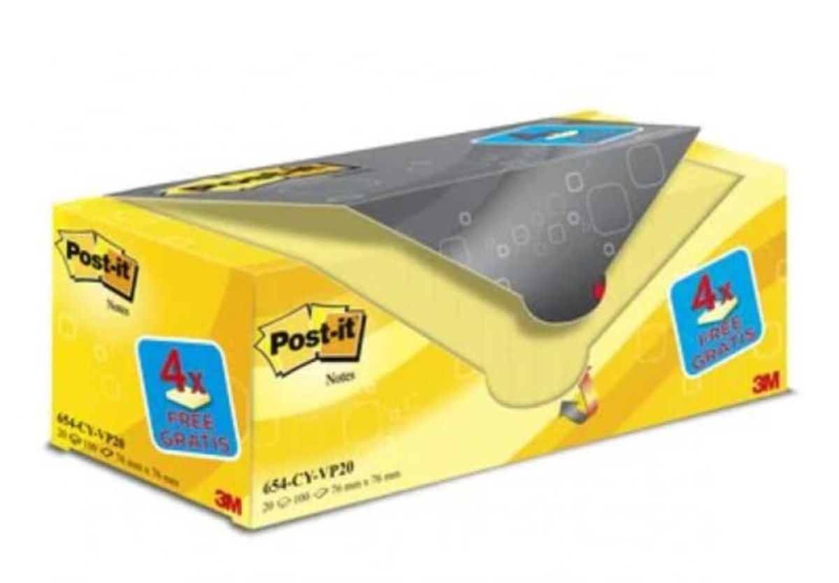 Selvklæbende blokke, sticky notes, POST-IT® (654CY-VP20), 76x76mm, (20+4)x100 ark, gul, 4 blokke GRATIS 1 pakke