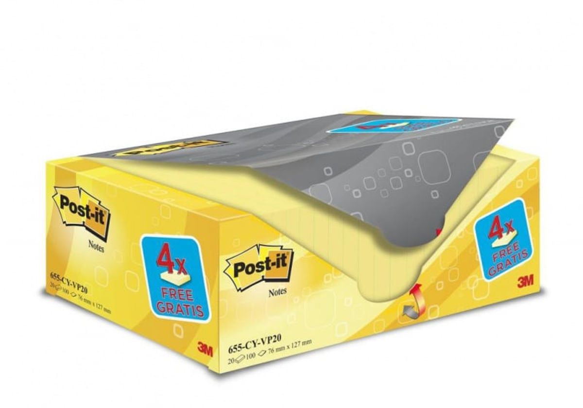 Selvklæbende blokke, sticky notes, POST-IT® 655CY-VP20, 127x76mm, (20+4)x100 ark, gul, 4 blokke GRATIS 1 pakke