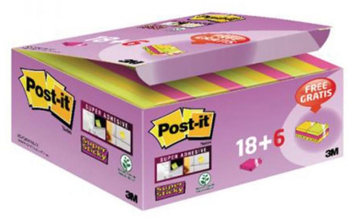 Selvklæbende noter POST-IT® Super Sticky (622-P24SSCOL), 47,6x47,6mm, 18+6x90 ark, farvemix, GRATIS