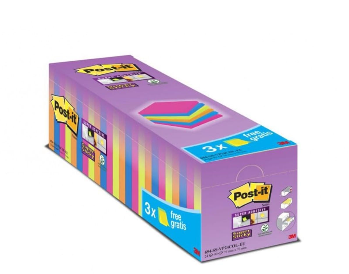 Selvklæbende notesblokke, POST-IT® Super Sticky (654-SS-VP24COL), 76x76mm, 24x90 ark, assorterede farver, 3 blokke GRATIS ved køb af 1 pakke