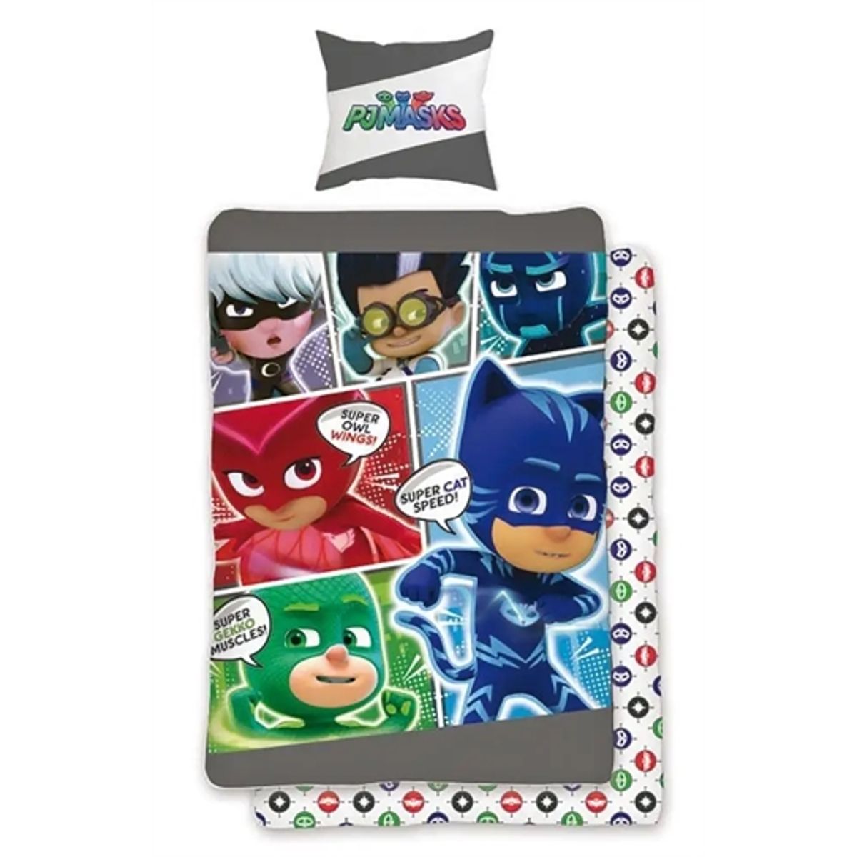 Sengetøj til børn - 150x210 cm - PJ Masks - Pyjamas heltene - Sengesæt med 2 i 1 design - 100% bomuld