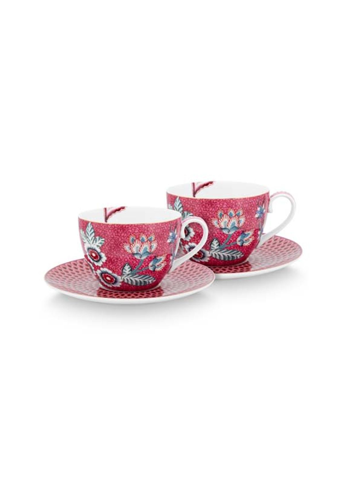 Set/2 Cups & Saucers Flower Festival Dark Pink 280ml