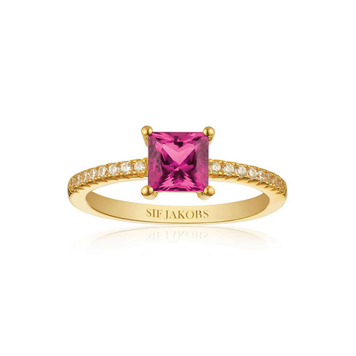 Sif Jakobs Ellera Quadrato forgyldt ring med pink cubic zirkonia