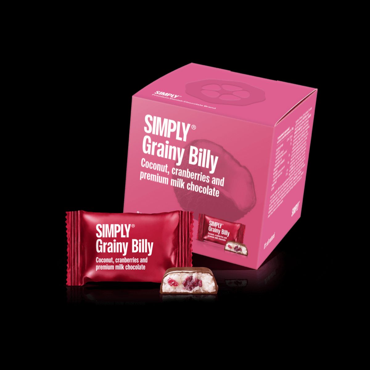 Simply® Grainy Billy - Cube med bites | Kokos, tranebær og premium mælkechokolade