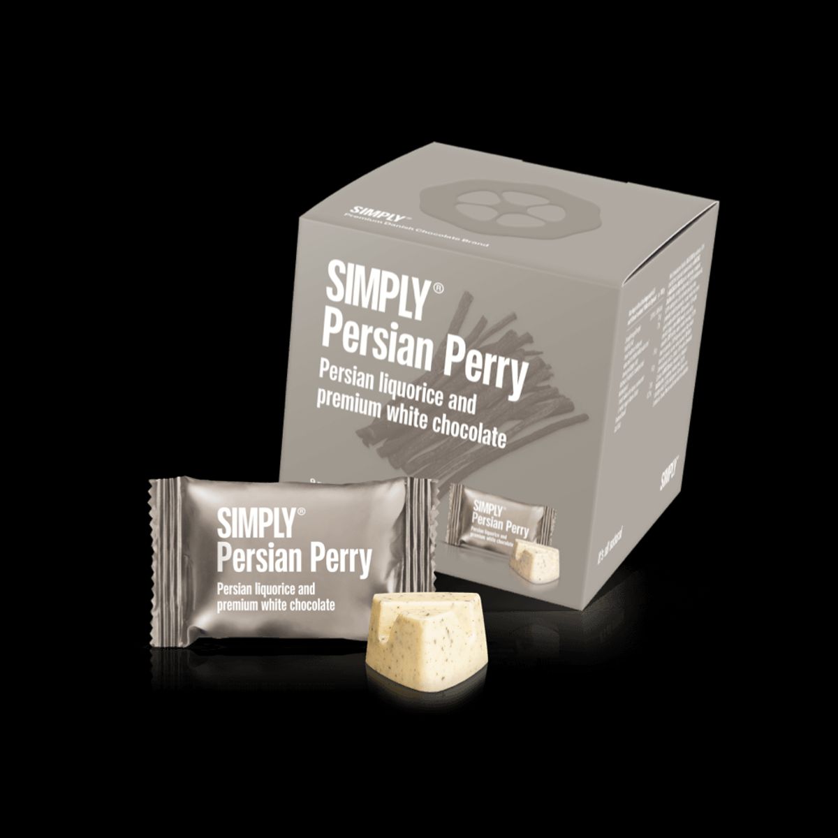 Simply® Persian Perry - Cube med bites | Persisk lakrids og premium hvid chokolade