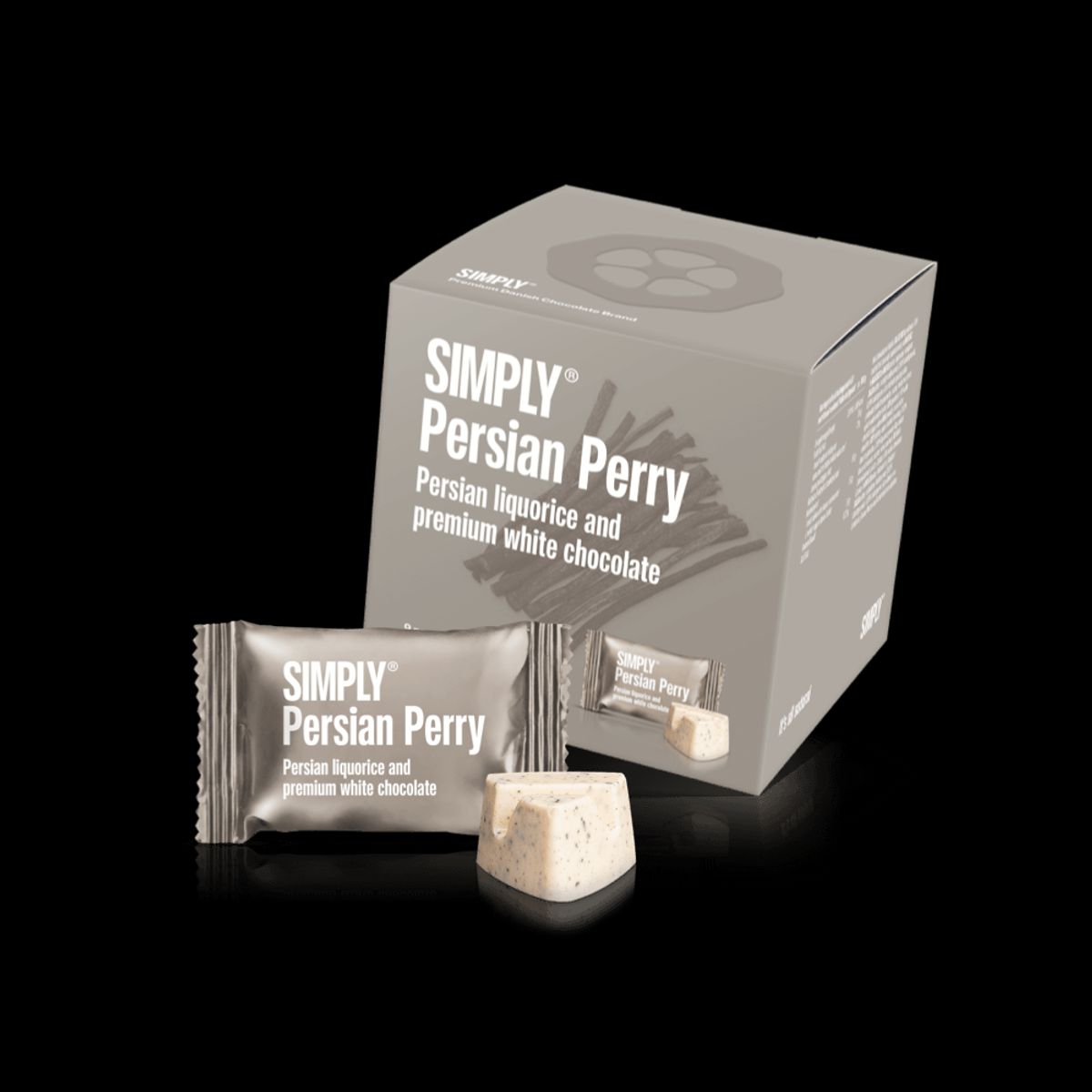 Simply® Persian Perry - Cube med bites | Persisk lakrids og premium hvid chokolade