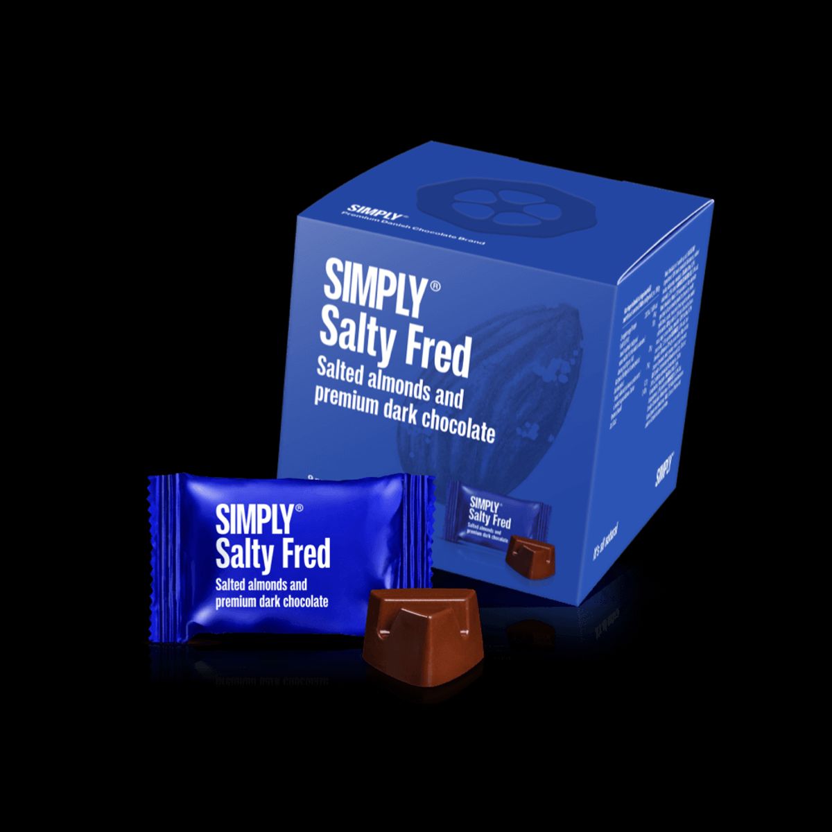 Simply® Salty Fred - Cube med bites | Saltede, ristede mandler med premium mørk chokolade