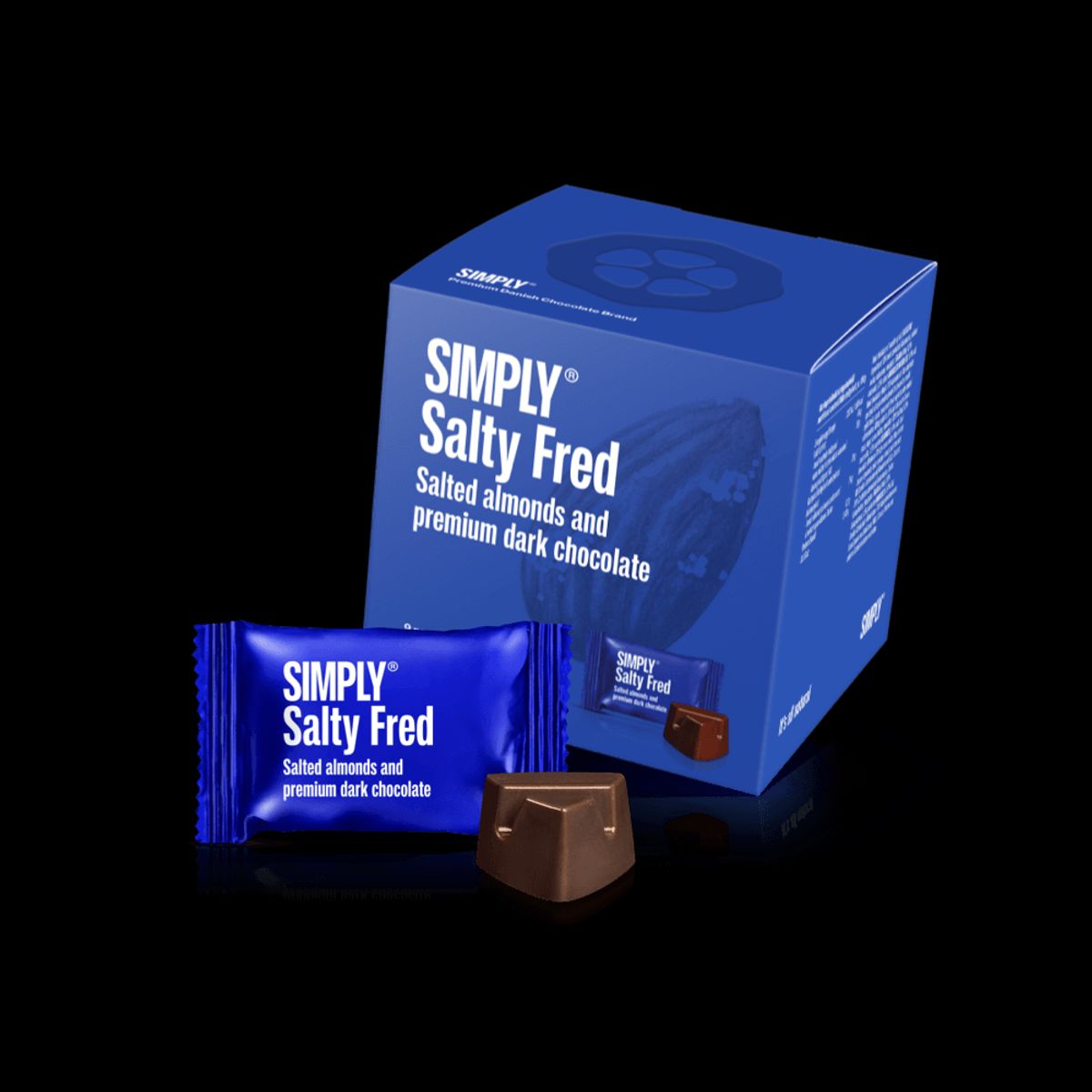 Simply® Salty Fred - Cube med bites | Saltede, ristede mandler med premium mørk chokolade