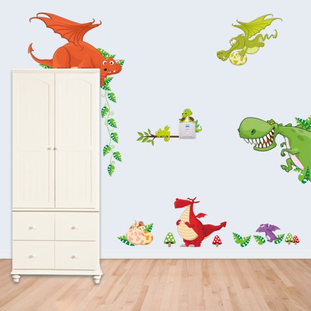 Sjov wallsticker med dinosaurer til din indretning. Søde dinoer overalt.