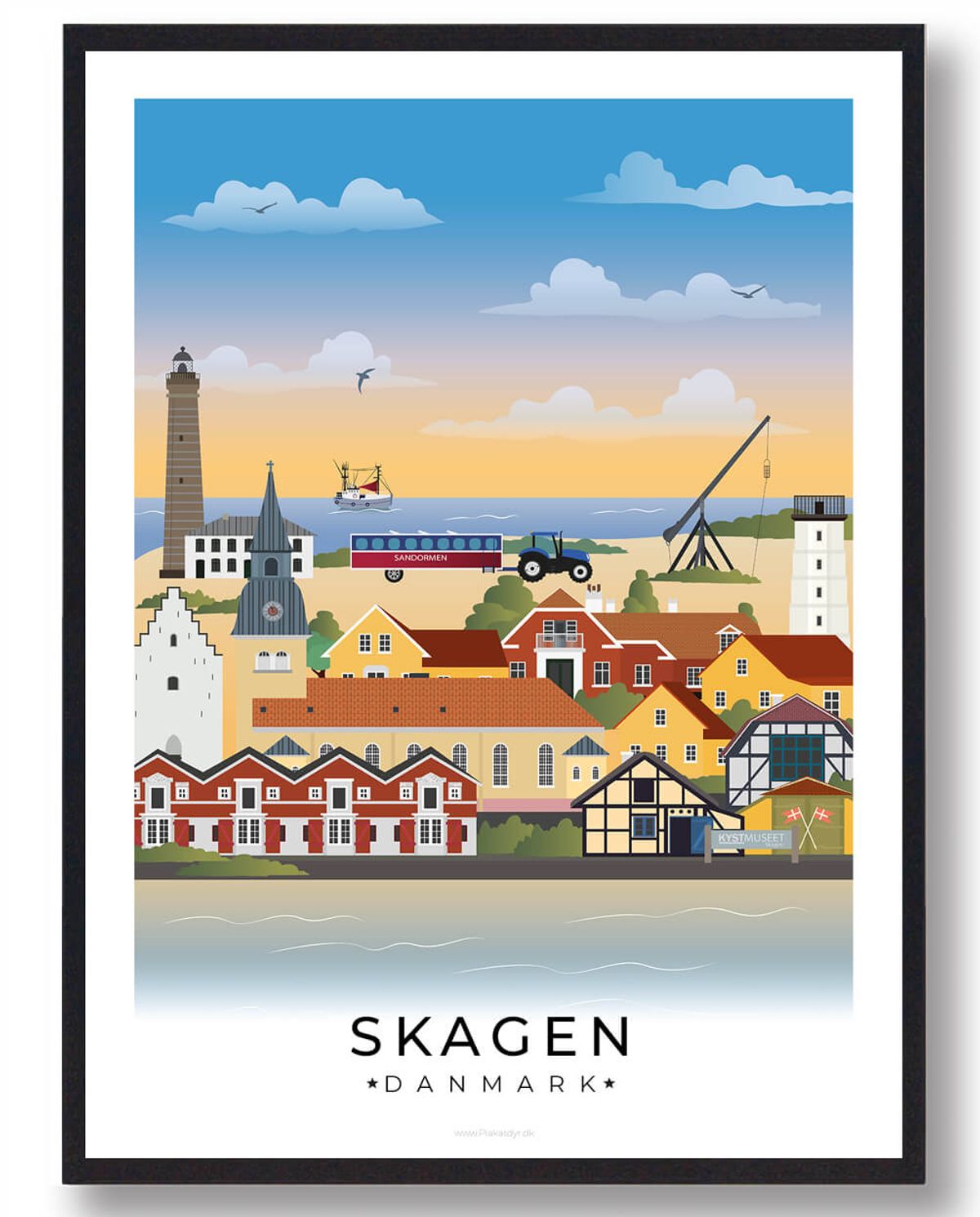 Skagen byplakat med hvid kant (RESTPARTI) (Størrelse: L - 50x70cm (B2))