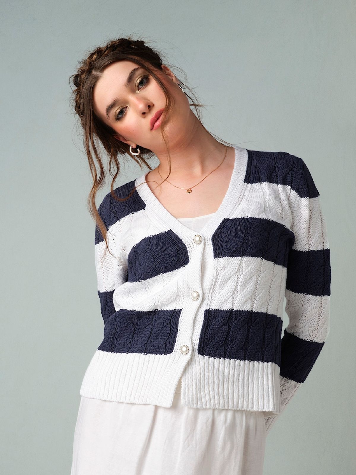 Skovhuus Kvinde Strik Cardigan Cream/Blue L