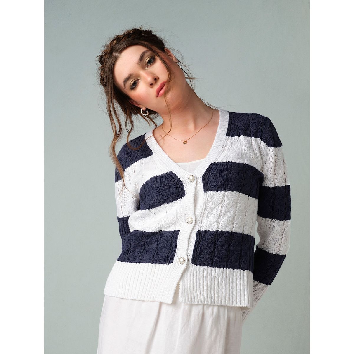 Skovhuus Kvinde Strik Cardigan Cream/Blue S