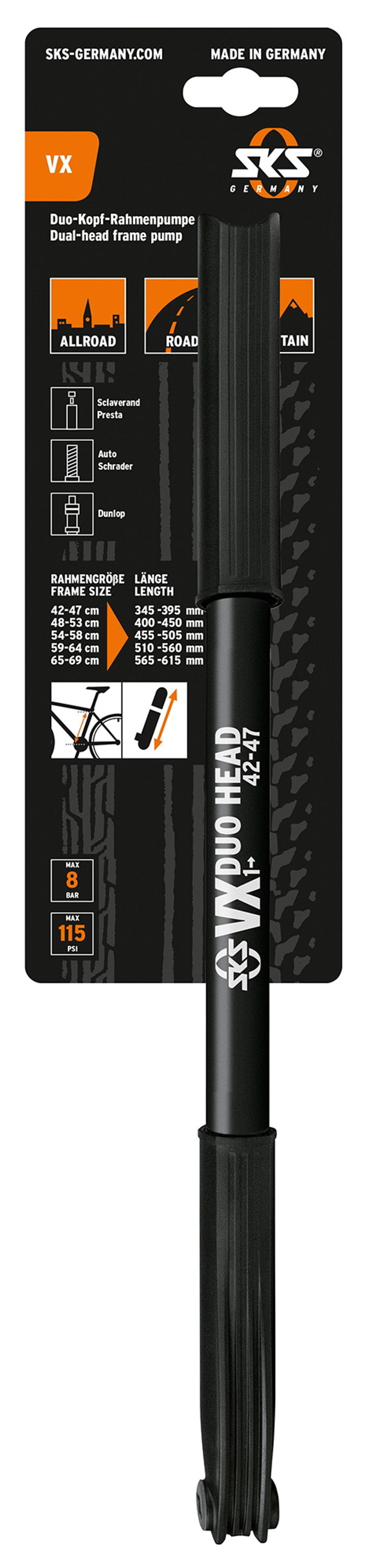 SKS VX 1 Håndpumpe 345-395mm Multi Ventil 6bar/87psi - Sort