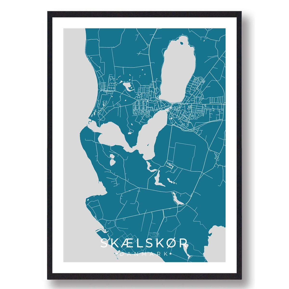 Skælskør by plakat - blå (Størrelse: S - 21x29,7cm (A4))