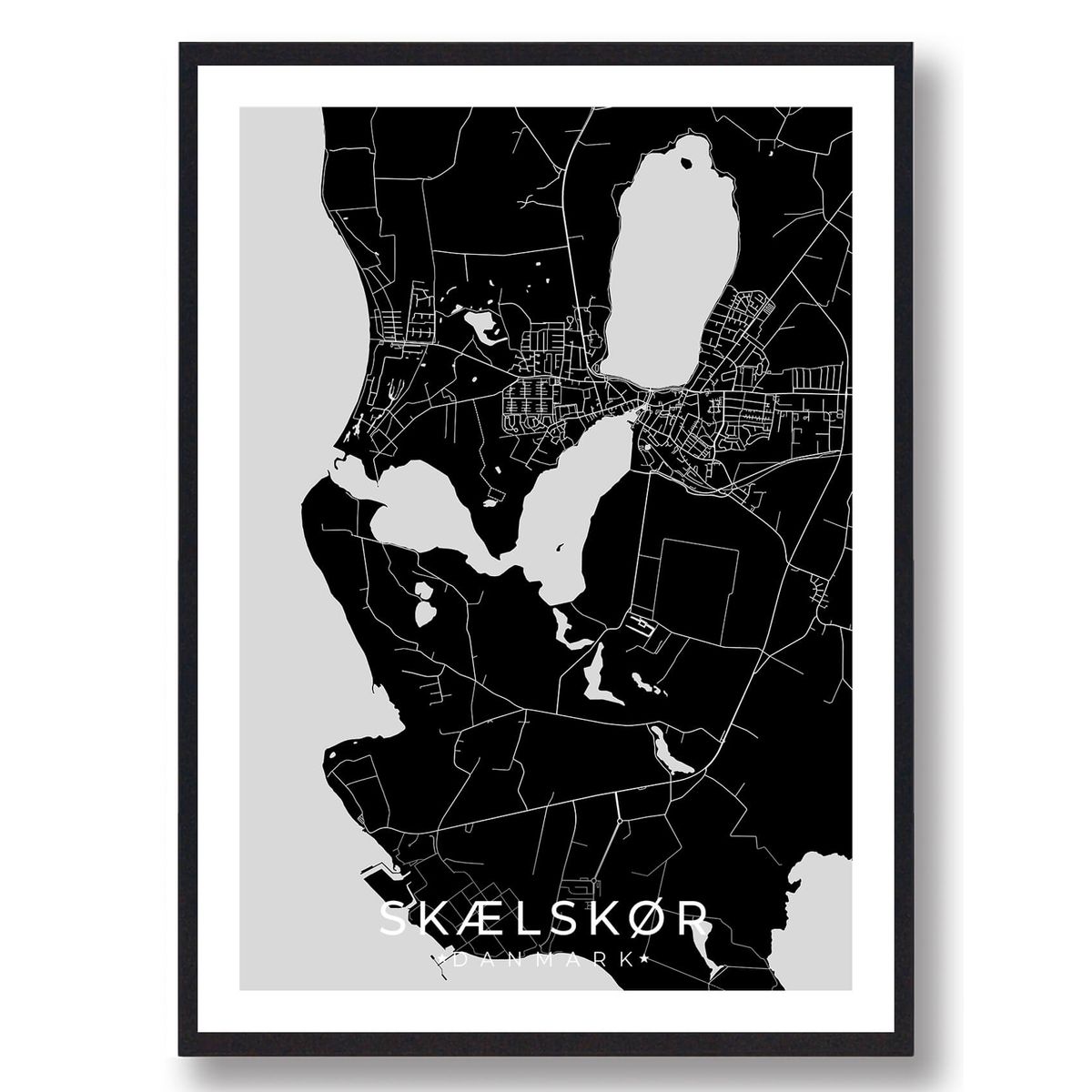 Skælskør by plakat - sort (Størrelse: S - 21x29,7cm (A4))