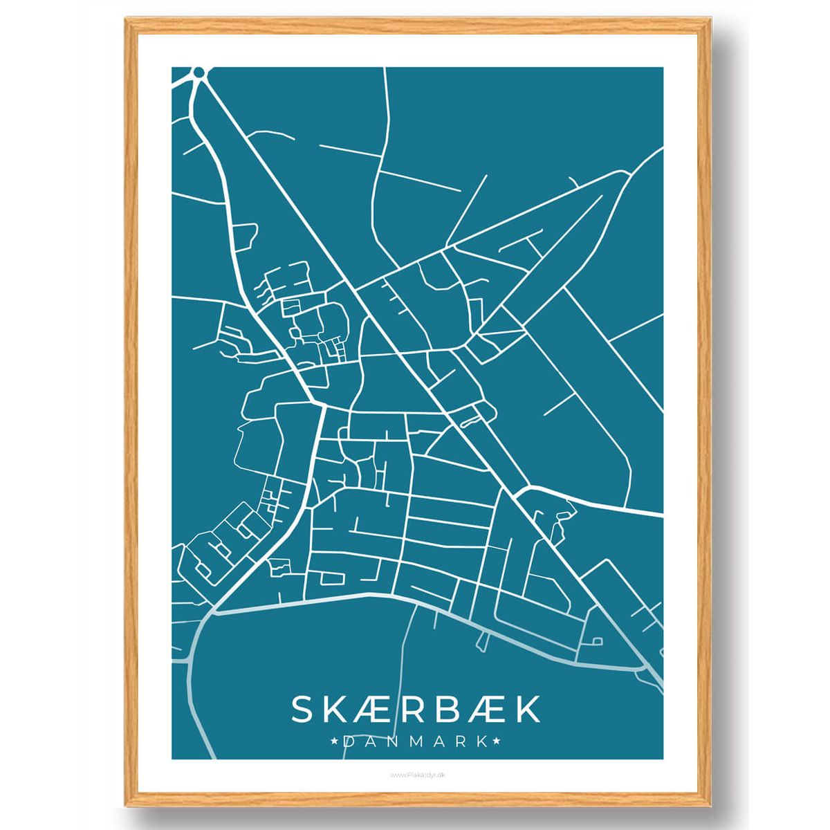 Skærbæk by plakat - blå (Størrelse: M - 30x40cm)