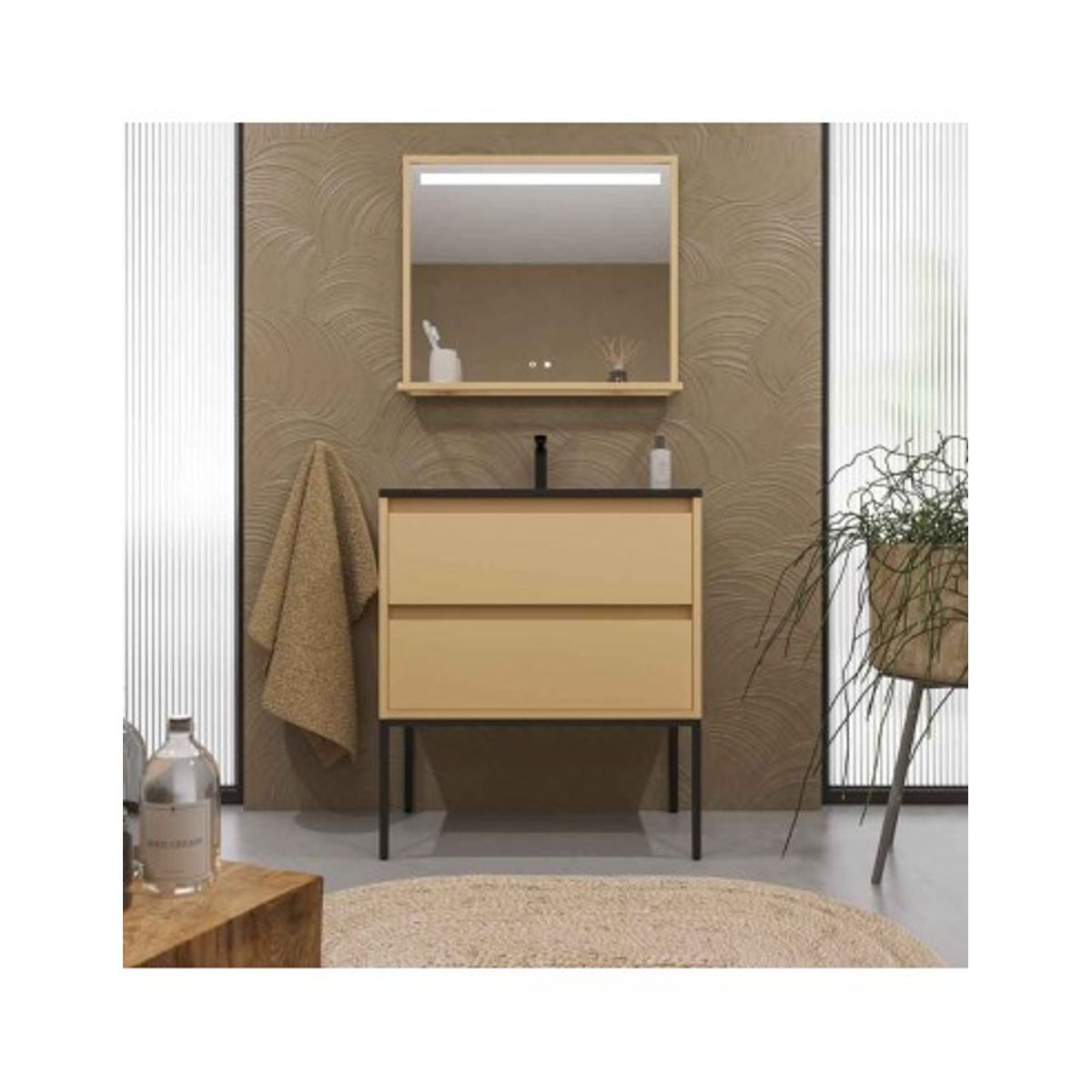 SMILE Komplet badmiljø med håndvask B80 cm - Mat sort/Beige