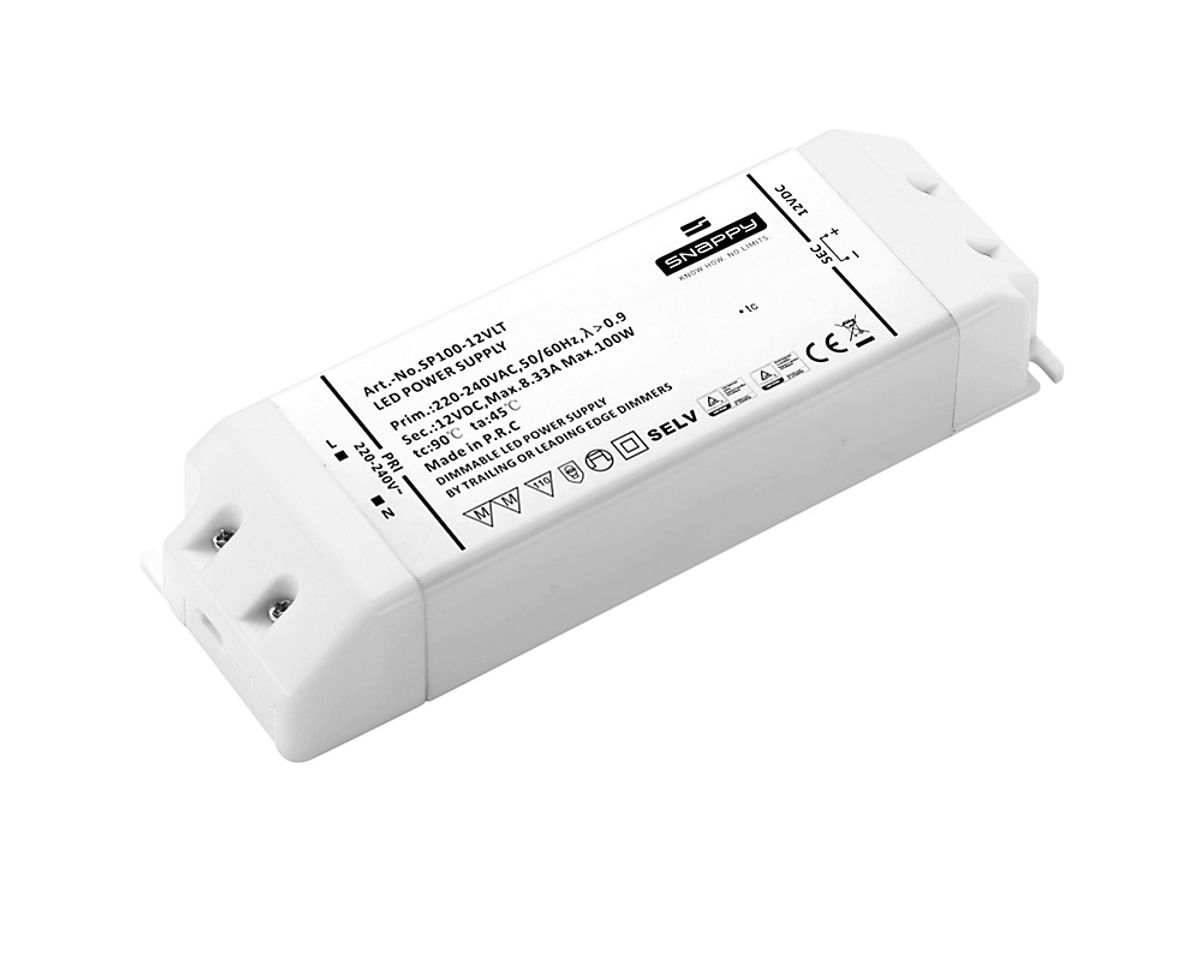 Snappy LED Driver 100W 12VDC, robust, med Triac dim (for-/bagkants-dæmp)