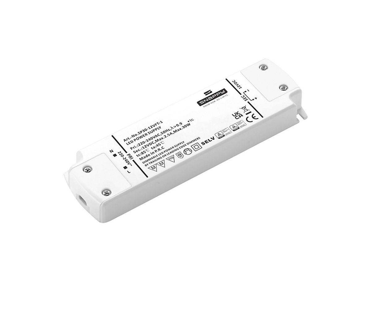 Snappy LED Driver 30W 12VDC, robust, med Triac dim (for-/bagkants-dæmp)