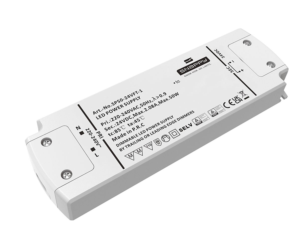 Snappy LED Driver 50W 24VDC, robust med Triac dim (for-/bagkants-dæmp)