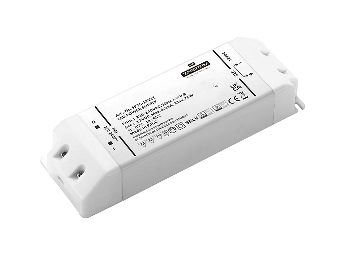 Snappy LED Driver 75W 12VDC, robust, med Triac dim (for-/bagkants-dæmp)