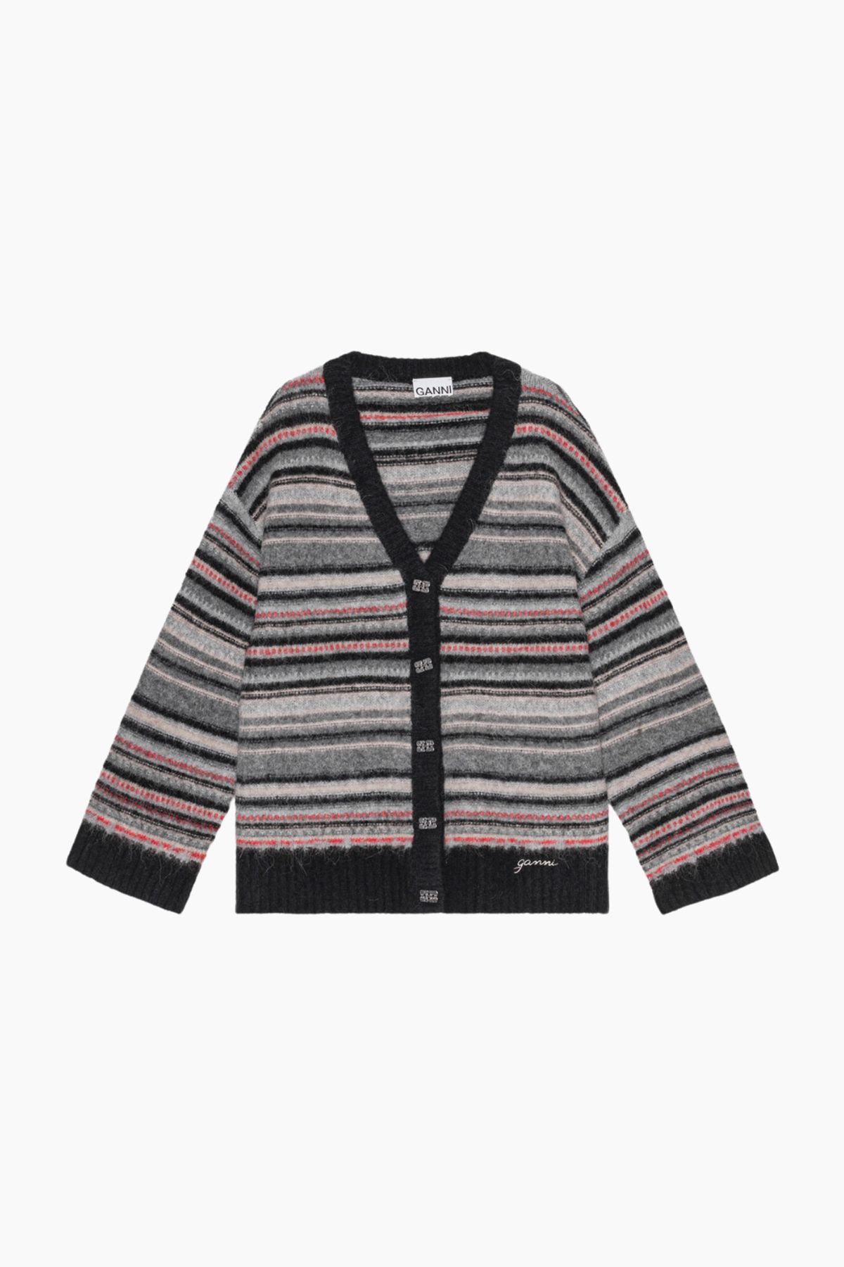 Soft Wool Stripe Boxy Cardigan K2357 - Phantom - GANNI - Stribet L