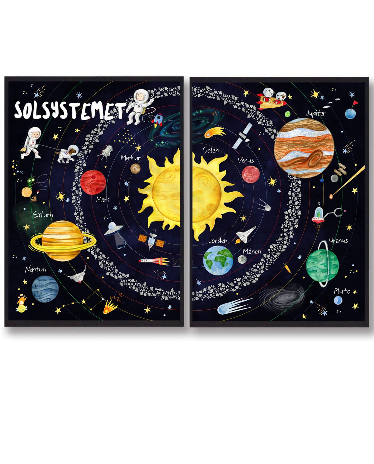 Solsystemet - Håndtegnet plakat (Størrelse: L - 50x70cm (B2))