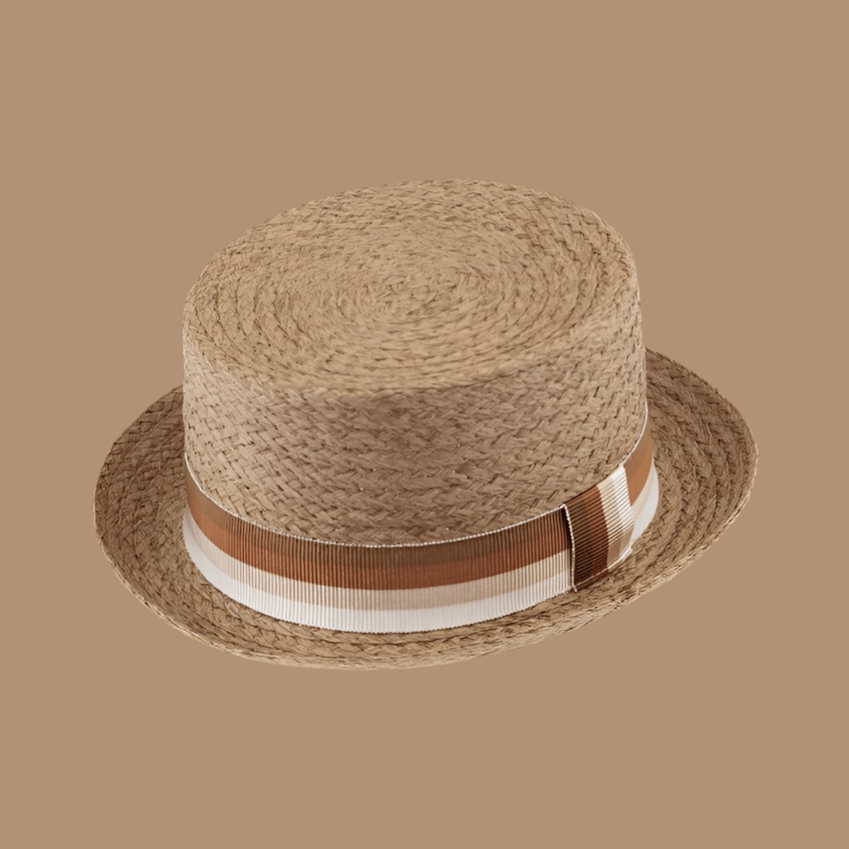 Sommerhat Zylinder papirhat, beige/brun/kamel stribet bånd - 55 cm