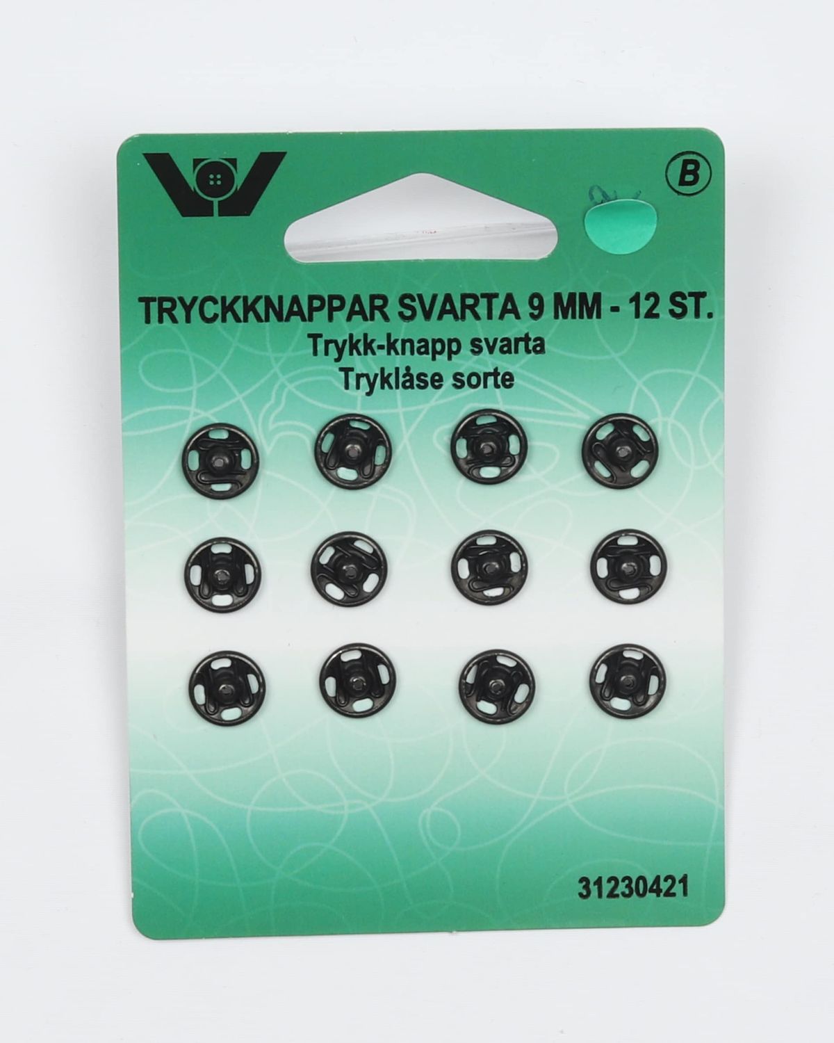 Sorte trykknapper, 12 stk 9 mm