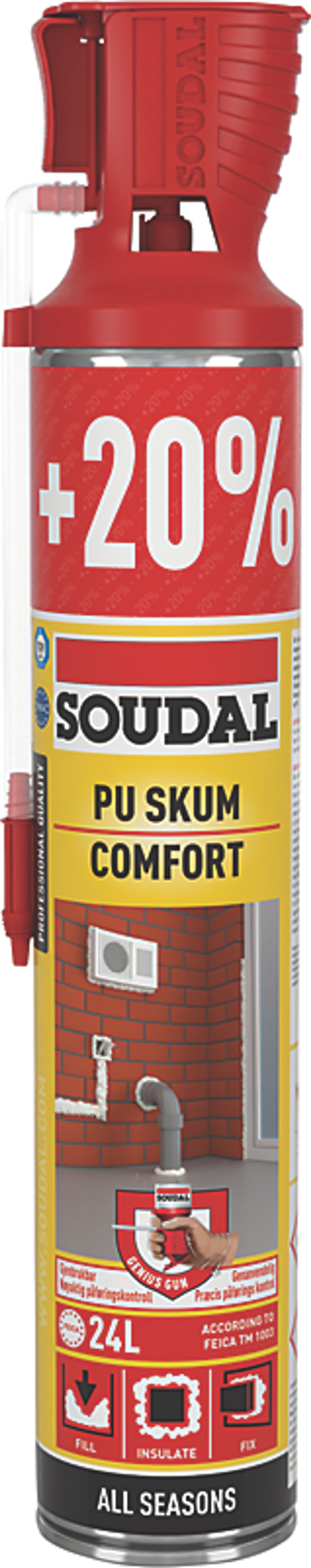 Soudal PU helårsskum 720ml Soudafoam Comfort, t/isolering & montage, anvendelig t/-10gr