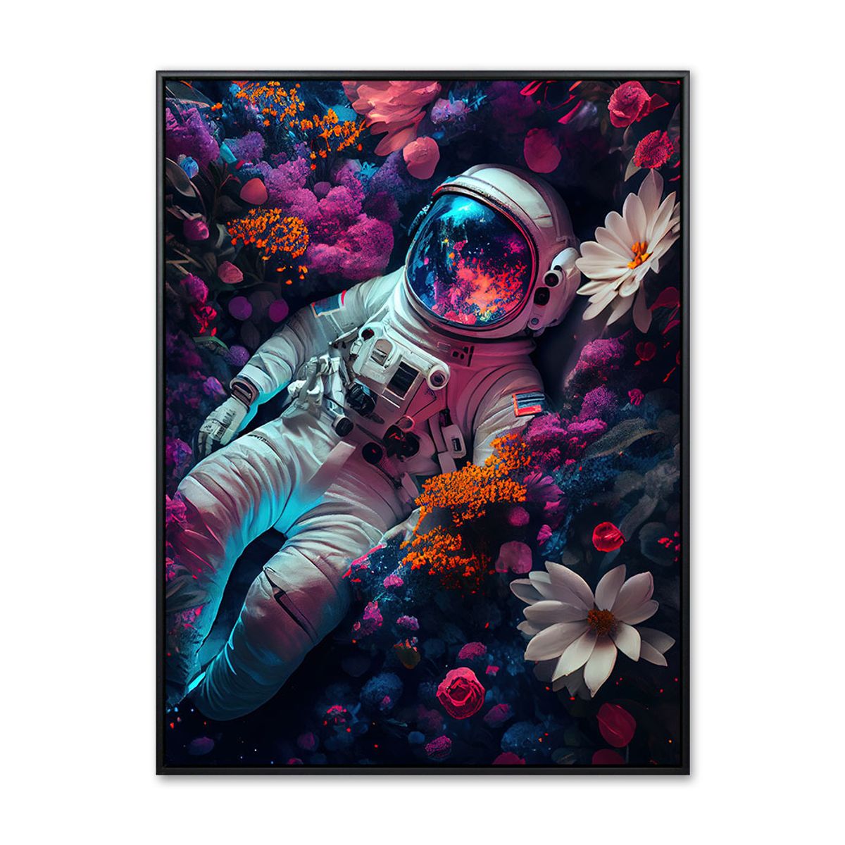 Spaceman in flowers - 70x100 cm - Sort svæveramme