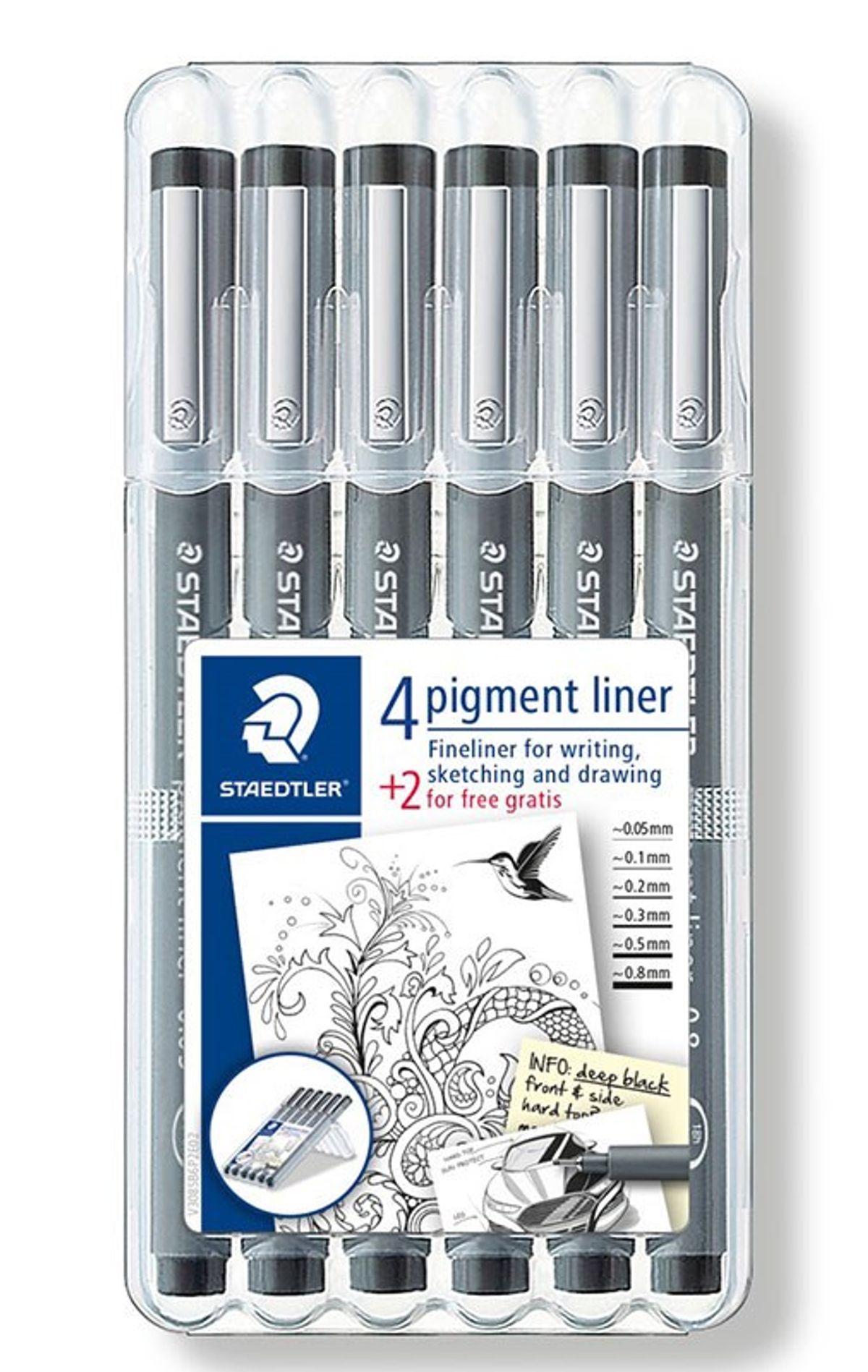 STAEDTLER Pigment liner, 6 stk. ass. i stand-up boks