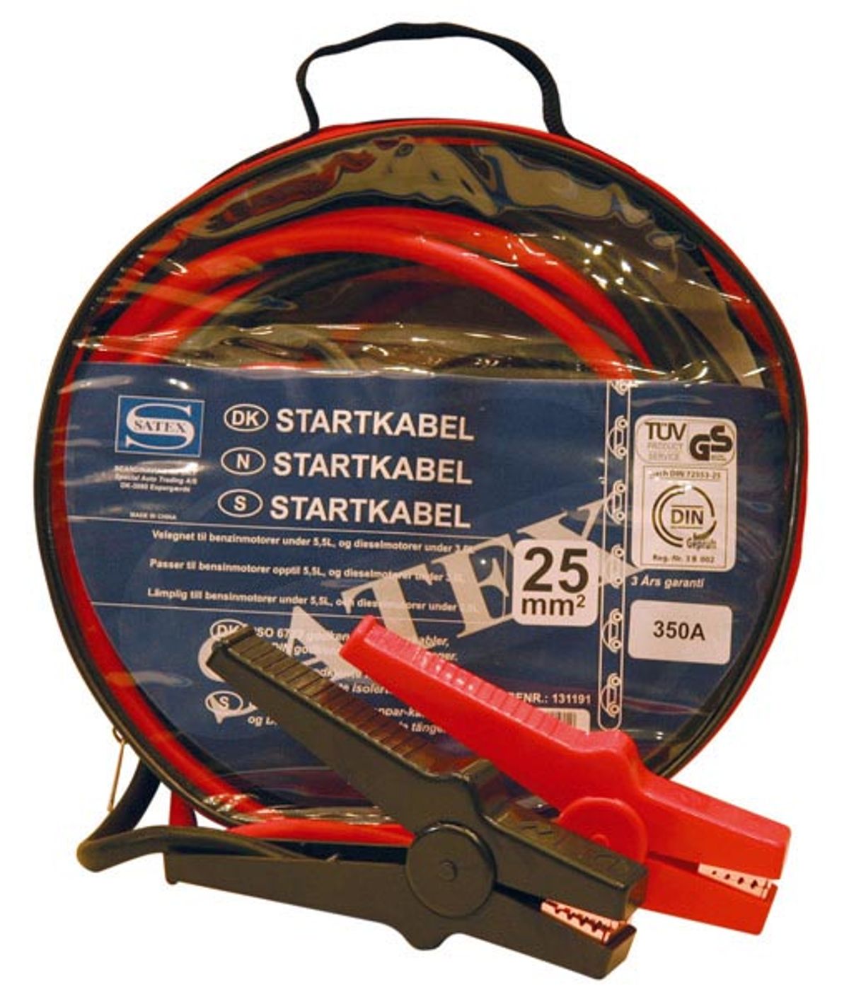 Startkabler, 25 mm., 350 A., 3,5 m., Isolerede kobber tænger