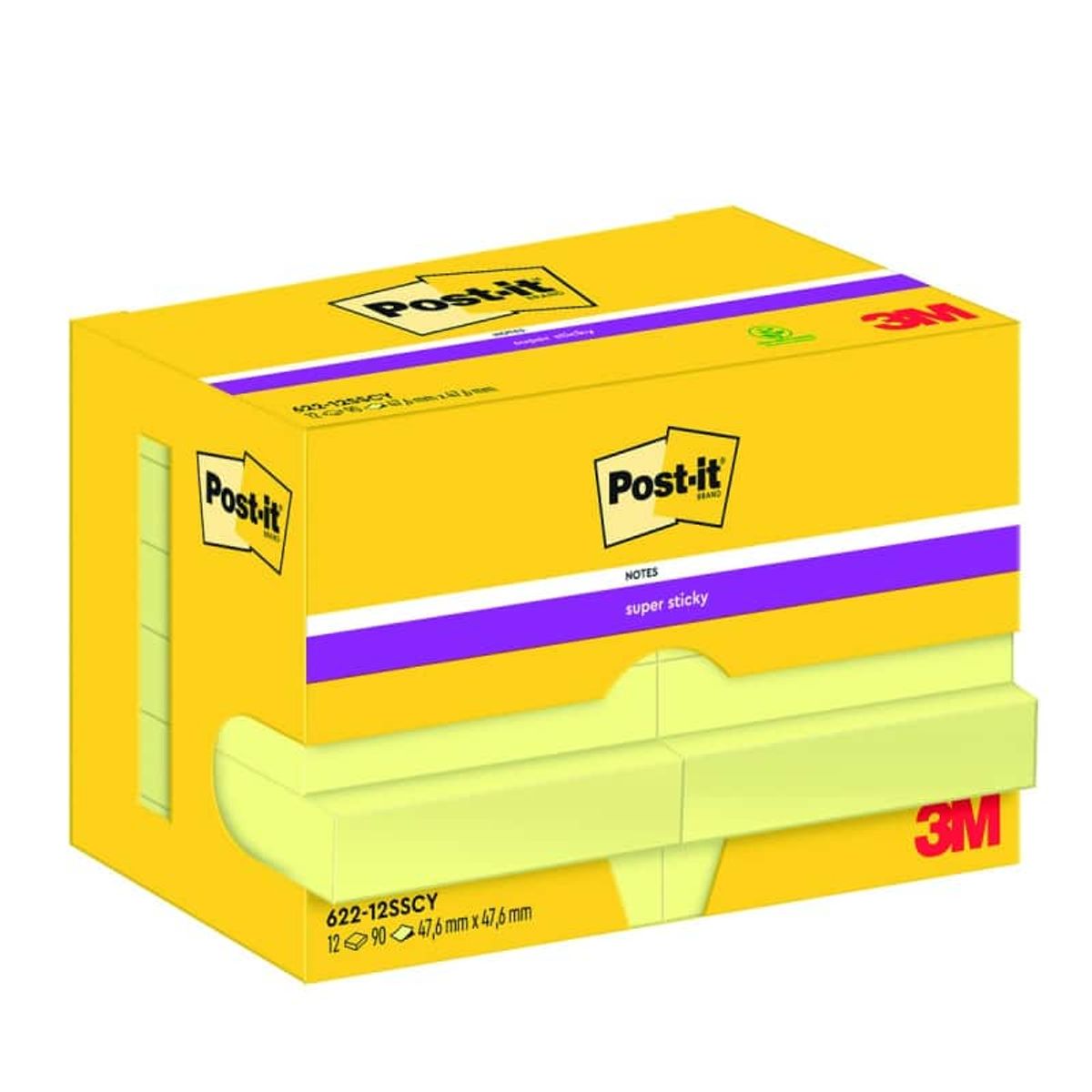 Sticky notes POST-IT® Super Sticky (622-12SSCY-EU), 47,6x47,6 mm, 12x90 ark, gul,.