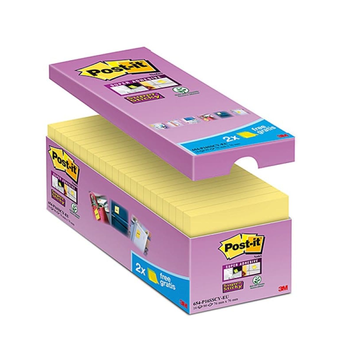 Sticky notes Post-it® Super Sticky (654-P16SSCY-EU), 76x76mm, 16x90 ark, gul, 2 kort GRATIS.