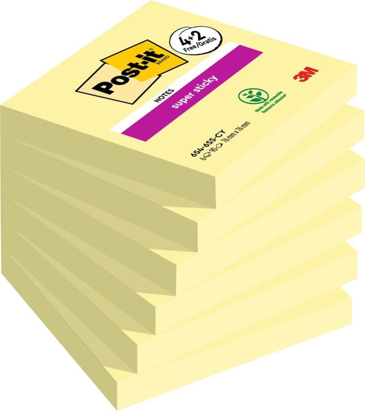 Sticky notes POST-IT® Super Sticky (654-P6SSCY-EU), 76x76mm, 4+2x90 ark, gul, 2 blokke GRATIS.