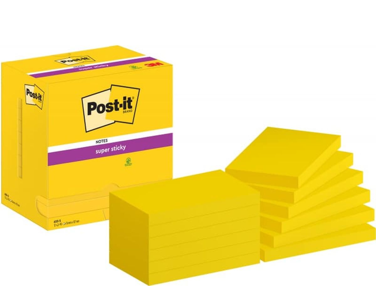 Sticky notes POST-IT® Super Sticky (655-12SSCY-EU), 127x76mm, 12x90 ark, gul,.